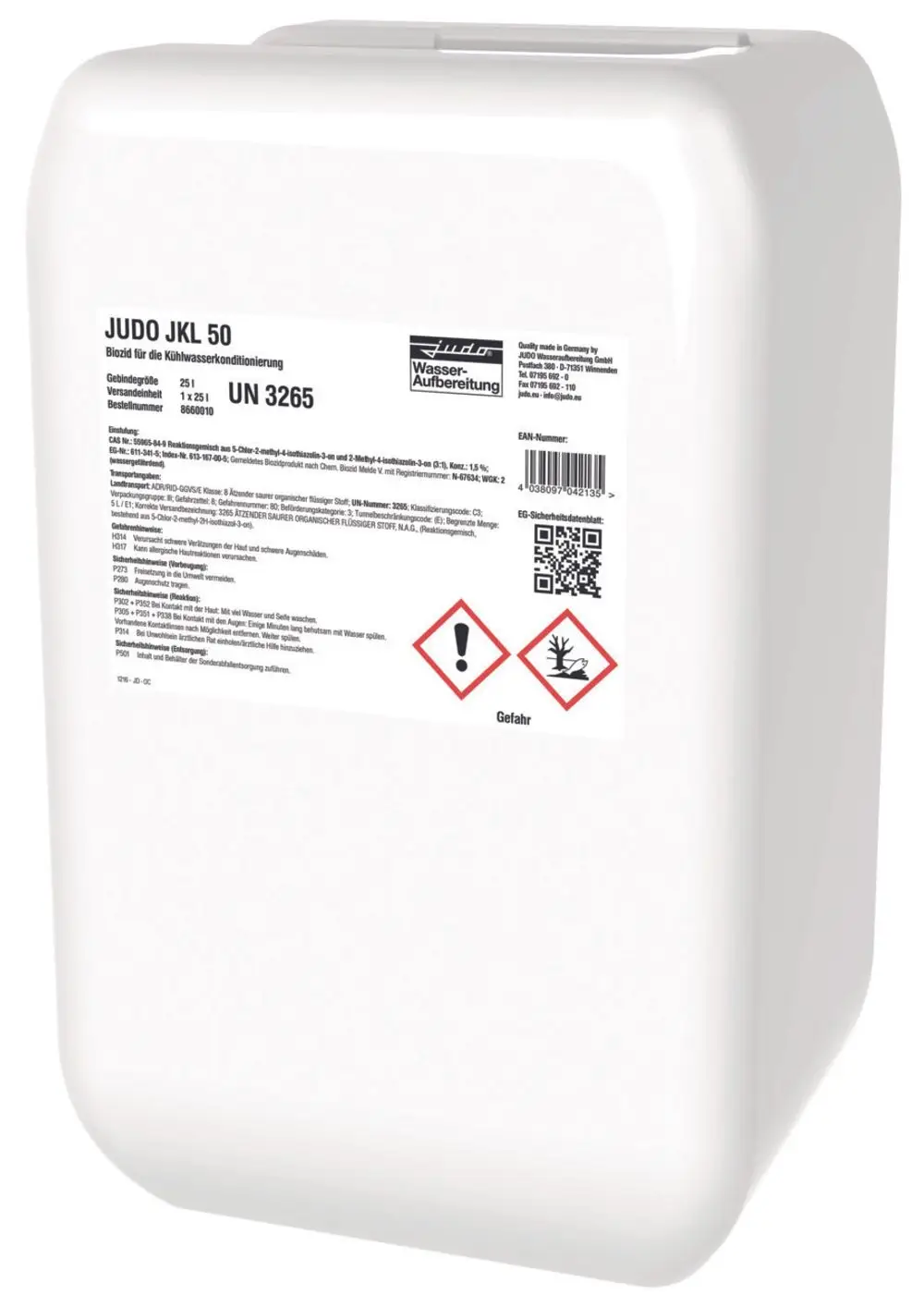Weißer Behälter mit Aufkleber, der Informationen zu einem chemischen Produkt der Marke Judo enthält. Symbole für Gefahr und Umweltgefahren sind abgebildet.